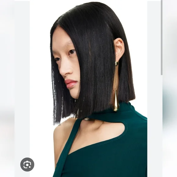 NIB HM X Mugler Teardrop Pendant Earrings Gold - Picture 4 of 4